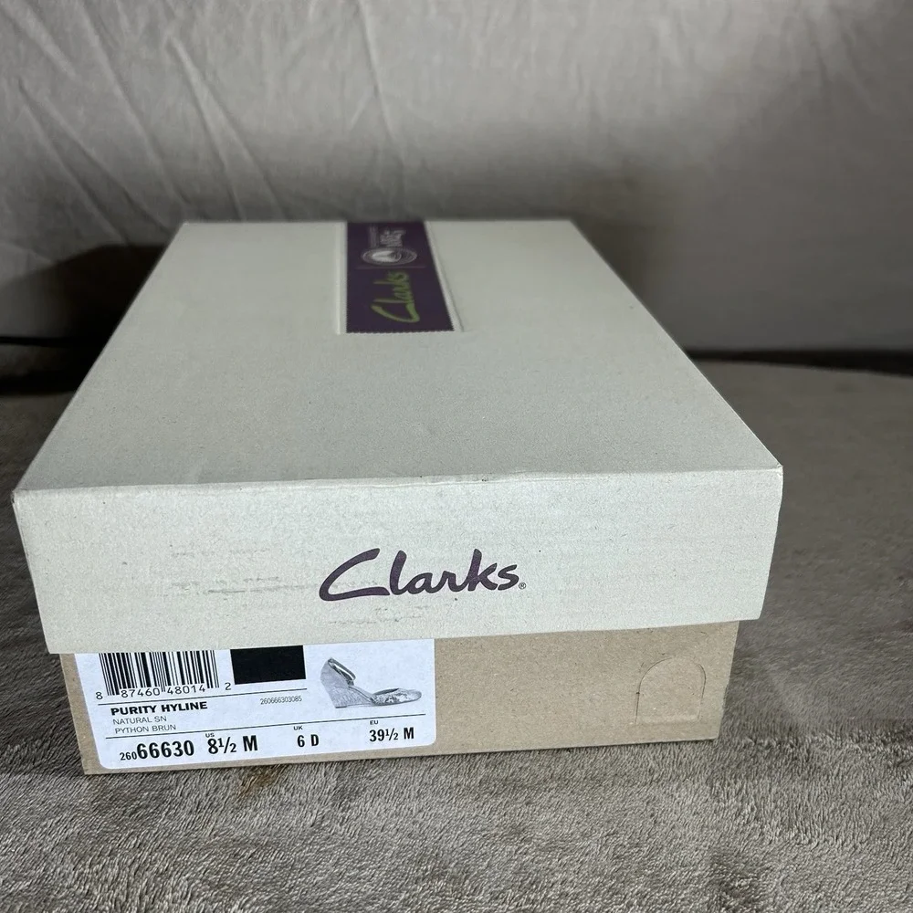 Clarks Women's Purity Hyline Natural Python Snake Cork Wedge Sandals Size 8.5